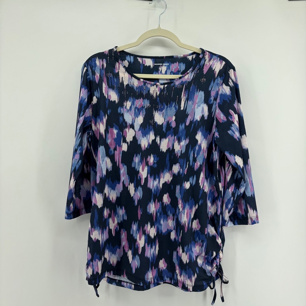 Allison Daley Womens Medium Blue Purple Abstract Top Rhinestone Drawstring Side